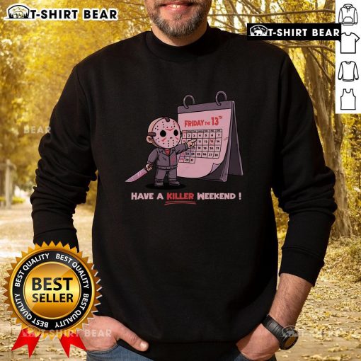 Happy Friday the 13th sweatshirt featuring spooky graphics, perfect for a killer weekend vibe and Halloween enthusiasts.