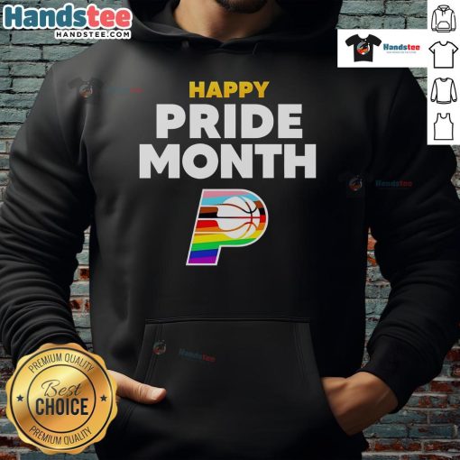 Happy Indiana Pacers Pride Month 2025 logo hoodie showcasing vibrant colors and team spirit for LGBTQ+ celebration.