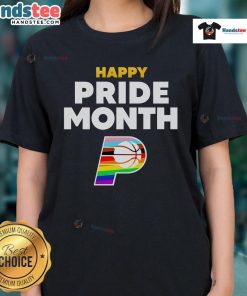 Happy Indiana Pacers Pride Month 2025 logo on a ladies tee, celebrating diversity and inclusivity in sports fashion.