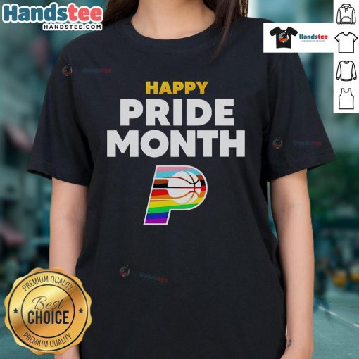 Happy Indiana Pacers Pride Month 2025 logo on a ladies tee, celebrating diversity and inclusivity in sports fashion.