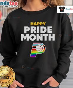 Happy Indiana Pacers Happy Pride Month 2025 logo sweatshirt featuring vibrant colors and a festive design for supporters.