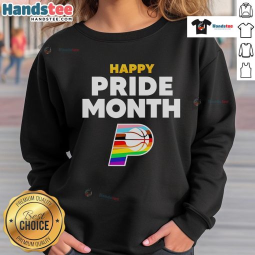 Happy Indiana Pacers Happy Pride Month 2025 logo sweatshirt featuring vibrant colors and a festive design for supporters.
