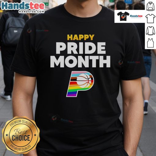Happy Indiana Pacers Pride Month 2025 logo T-shirt featuring vibrant colors celebrating diversity and inclusivity.
