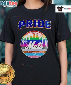 Happy NY Mets celebration for Pride Month 2025 featuring ladies tee with vibrant colors and baseball design.
