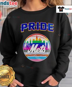 Happy NY Mets celebration sweatshirt for Pride Month 2025, featuring vibrant colors and team logo.