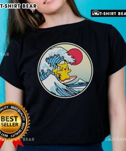 Happy Pikachu Thunder Wave graphic on a cute ladies' tee, perfect for Pokemon fans and casual wear.