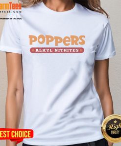 Alt Text: Stylish Happy Poppers Alkyl Nitrates ladies tee showcasing vibrant design, perfect for casual outings and nightlife.