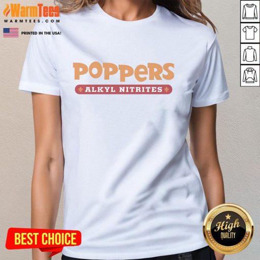 Alt Text: Stylish Happy Poppers Alkyl Nitrates ladies tee showcasing vibrant design, perfect for casual outings and nightlife.
