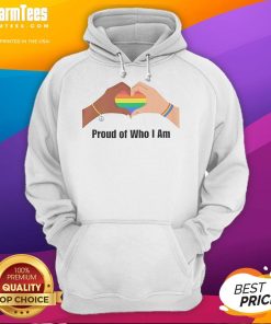 Alt Text: Person wearing a 'Happy Proud Of Who I Am' LGBTQ hoodie, showcasing vibrant colors and a positive message.