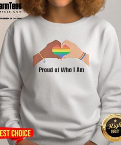 Person wearing a 'Happy Proud Of Who I Am LGBTQ Sweatshirt' showcasing pride and inclusivity in vibrant colors.