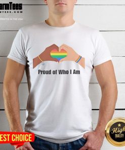 Alt Text: Happy Proud Of Who I Am LGBTQ T-Shirt featuring vibrant colors and a bold design celebrating LGBTQ pride.