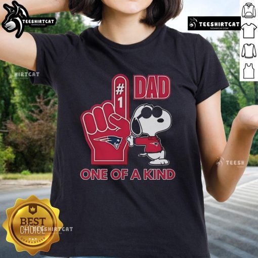 Alt Text: Happy Snoopy in New England Patriots gear on a unique ladies tee, perfect for DAD and football fans.