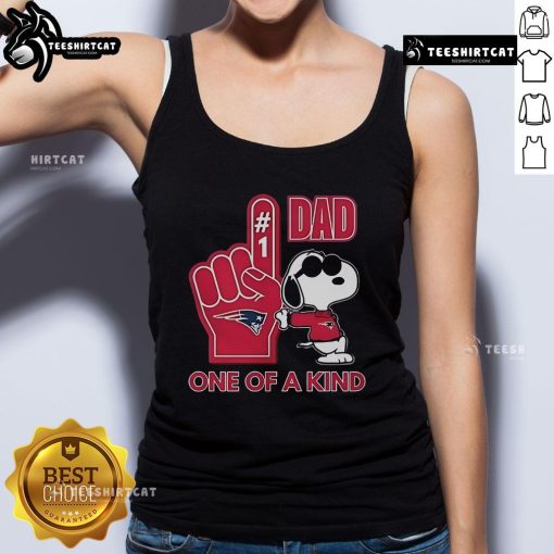 Happy Snoopy wearing a New England Patriots tank top, perfect for DAD, showcasing a unique one-of-a-kind design.