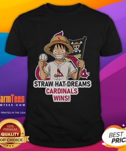 Happy St. Louis Cardinals Monkey D. Luffy in Straw Hat Dreams T-Shirt, perfect for fans celebrating baseball and anime.