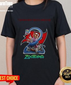 Alt Text: Happy Tampa Bay Buccaneers Zootopia 2 Ladies Tee featuring vibrant design and team logo, perfect for fans.