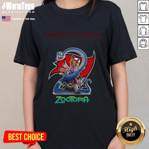 Alt Text: Happy Tampa Bay Buccaneers Zootopia 2 Ladies Tee featuring vibrant design and team logo, perfect for fans.