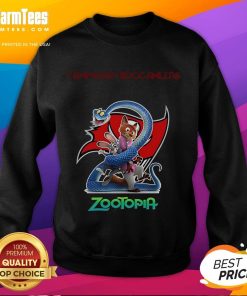 Alt Text: Happy Tampa Bay Buccaneers Zootopia 2 sweatshirt featuring vibrant colors and a playful design for fans.