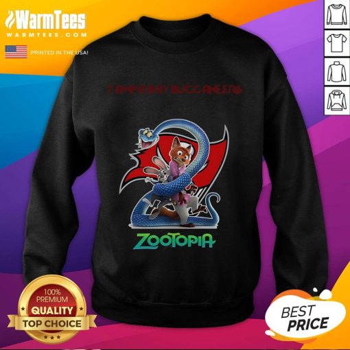 Alt Text: Happy Tampa Bay Buccaneers Zootopia 2 sweatshirt featuring vibrant colors and a playful design for fans.
