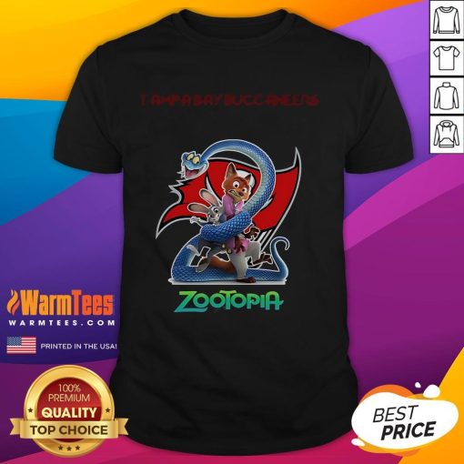 Happy Tampa Bay Buccaneers Zootopia 2 T-Shirt featuring vibrant graphics and team colors, perfect for fans and collectors.
