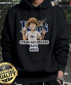 Happy Tampa Bay Rays fan wearing a Monkey D. Luffy 'Straw Hat Dreams' hoodie, celebrating a game win.