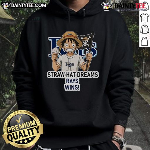 Happy Tampa Bay Rays fan wearing a Monkey D. Luffy 'Straw Hat Dreams' hoodie, celebrating a game win.