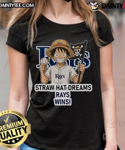 Happy Tampa Bay Rays Monkey D. Luffy dreams wins ladies tee featuring vibrant design and baseball theme.