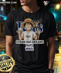 Happy Tampa Bay Rays Monkey D. Luffy wearing a Straw Hat Dreams Wins T-Shirt, showcasing fun baseball fandom.