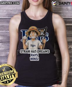 Happy Tampa Bay Rays fan wearing a Monkey D. Luffy tank top, celebrating dreams and victories at the game.