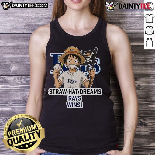 Happy Tampa Bay Rays fan wearing a Monkey D. Luffy tank top, celebrating dreams and victories at the game.