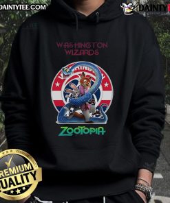 Happy fan wearing a Washington Wizards Zootopia 2 hoodie, showcasing team spirit and vibrant design at a game.