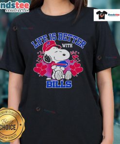 Cute Snoopy Life Is Better With Bills ladies tee featuring a playful Snoopy graphic on a stylish shirt.