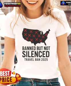 Protesters wearing 'Hot-Banned-But-Not-Silenced' tees rally against Trump Travel Ban 2025, advocating for immigrant rights.