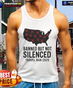 Protestor wearing 'Hot Banned But Not Silenced' tank top at Trump Travel Ban 2025 demonstration, showcasing resistance.