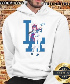 Fan wearing a Hot Los Angeles Dodgers Hololive Night Irys hoodie, showcasing team spirit and unique anime style.