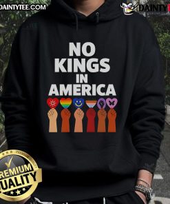 Hot No Kings In America anti-authoritarian protest hoodie featuring Trump design, promoting freedom and resistance.
