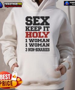 Hot Rebecca Black in 'Keep It Holy' hoodie with 1 woman and 3 non-binaries, showcasing vibrant style and inclusivity.