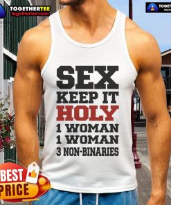 Hot Rebecca Black in a tank top, showcasing a confident pose with three non-binary friends for 'Keep It Holy' theme.