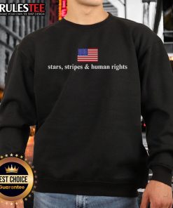 Alt Text: Cozy Hot Stars Stripes and Human Rights flag sweatshirt featuring vibrant colors, perfect for advocates and fashion lovers.