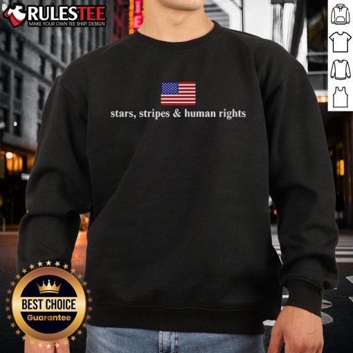 Alt Text: Cozy Hot Stars Stripes and Human Rights flag sweatshirt featuring vibrant colors, perfect for advocates and fashion lovers.