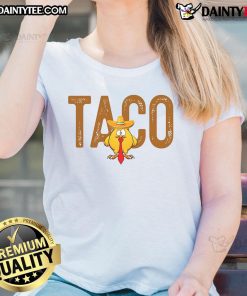 Funny Ladies Tee featuring 'Hot Taco Trump Always Chickens Out' design, perfect for humor and political satire enthusiasts.