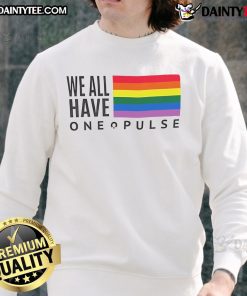Alt Text: Stylish Hot We Have One Pulse LGBT flag sweatshirt, vibrant colors celebrating pride and inclusivity. Perfect for all occasions.