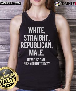 Hot white straight Republican male wearing a tank top with bold text, showcasing edgy humor and a confident style.