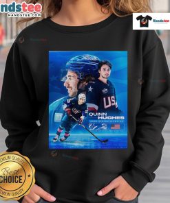 Official Quinn Hughes USA Hockey Winter Olympics 2026 poster sweatshirt featuring vibrant team colors and logo.