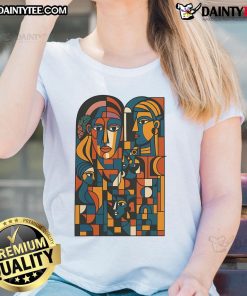 Colorful abstract faces montage on a ladies tee, showcasing unique artistic design for trendy fashion lovers.