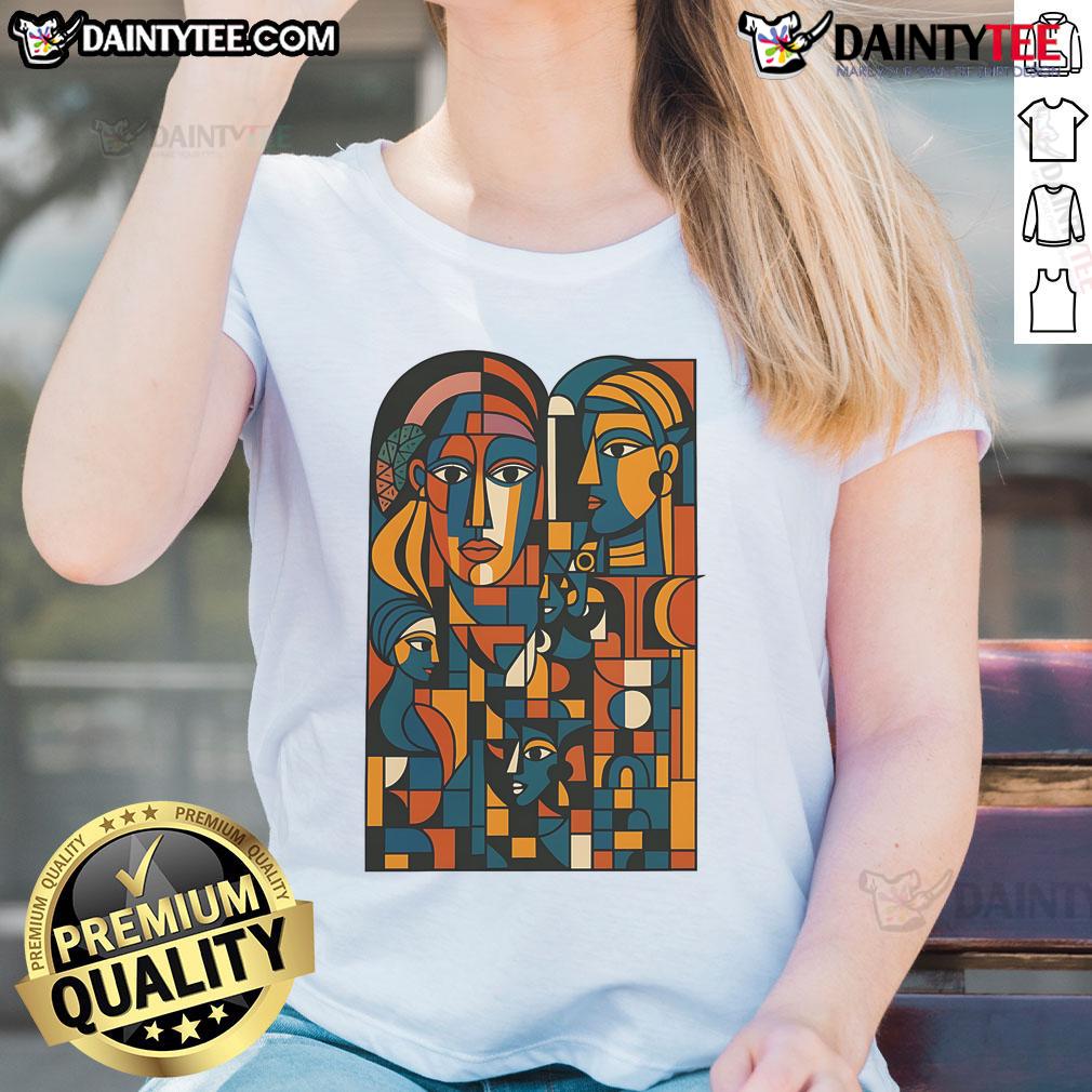 Nice Abstract Faces Montage Ladies Tee Colorful abstract faces montage on a ladies tee, showcasing unique artistic design for trendy fashion lovers.
