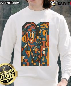 Colorful montage of abstract faces on a stylish sweatshirt, perfect for unique fashion lovers.