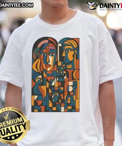 Colorful abstract faces montage on a stylish t-shirt, perfect for art lovers and unique fashion enthusiasts.