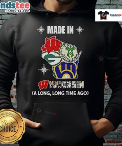 Cozy hoodie featuring Nice Badgers, Bucks, Brewers, and Packers logos, proudly Made in Wisconsin.