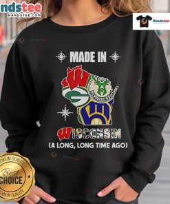 Alt Text: Cozy 'Made In Wisconsin' sweatshirt featuring Nice Badgers, Bucks, Brewers, and Packers logos, perfect for fans.