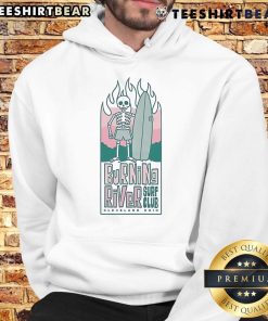 Nice Burning River Surf Club skeleton hoodie displayed on a mannequin, showcasing unique surf-inspired design and style.